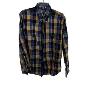 Paul Fredrick Men's Dress Shirt Blue Brown Plaid, Long Sleeve, Button-Up Med